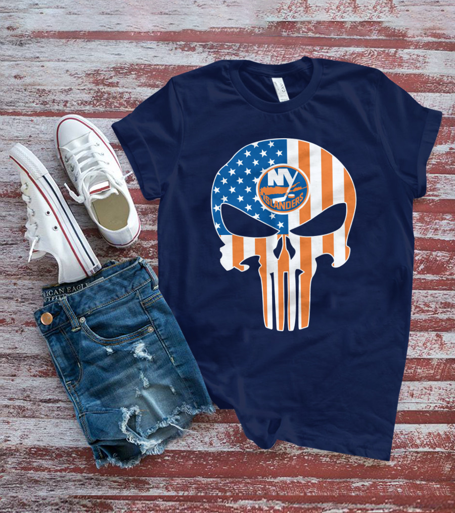 New York Islanders Punisher Skull American Flag T-Shirt