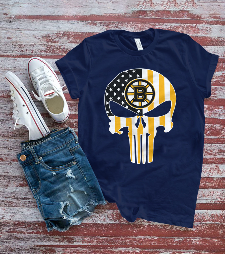 Boston Bruins The Punisher American Flag Skull T-Shirt