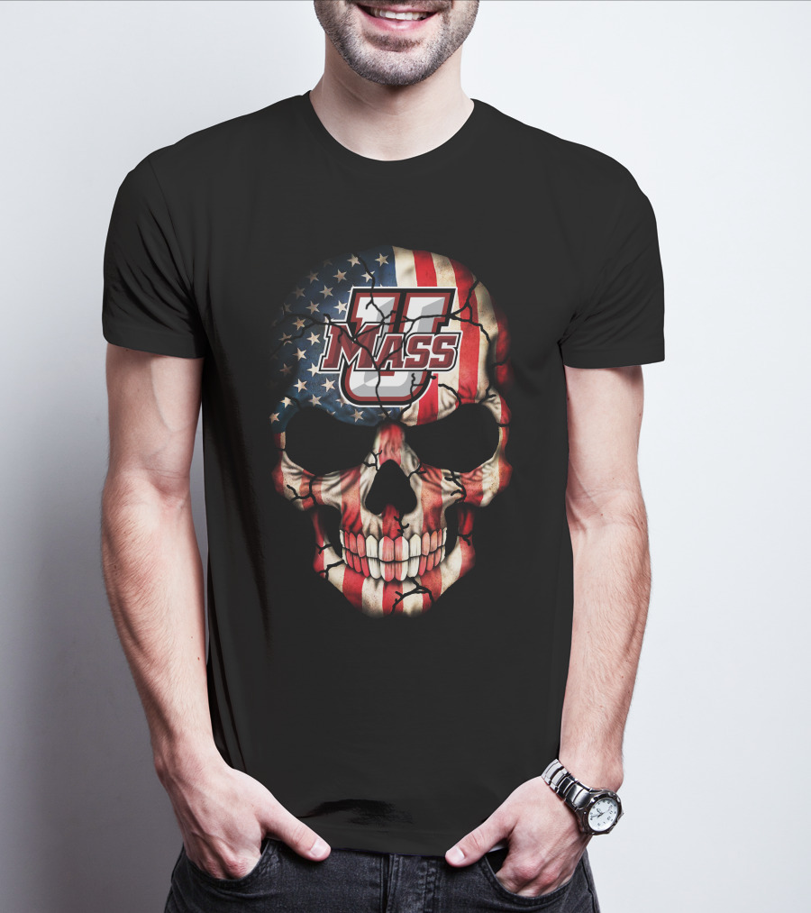 Umass Minutemen American Flag Skull T-Shirt