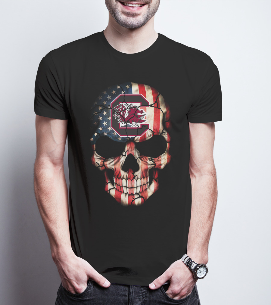 American Flag Skull With South Carolina Gamecocks T-Shirt
