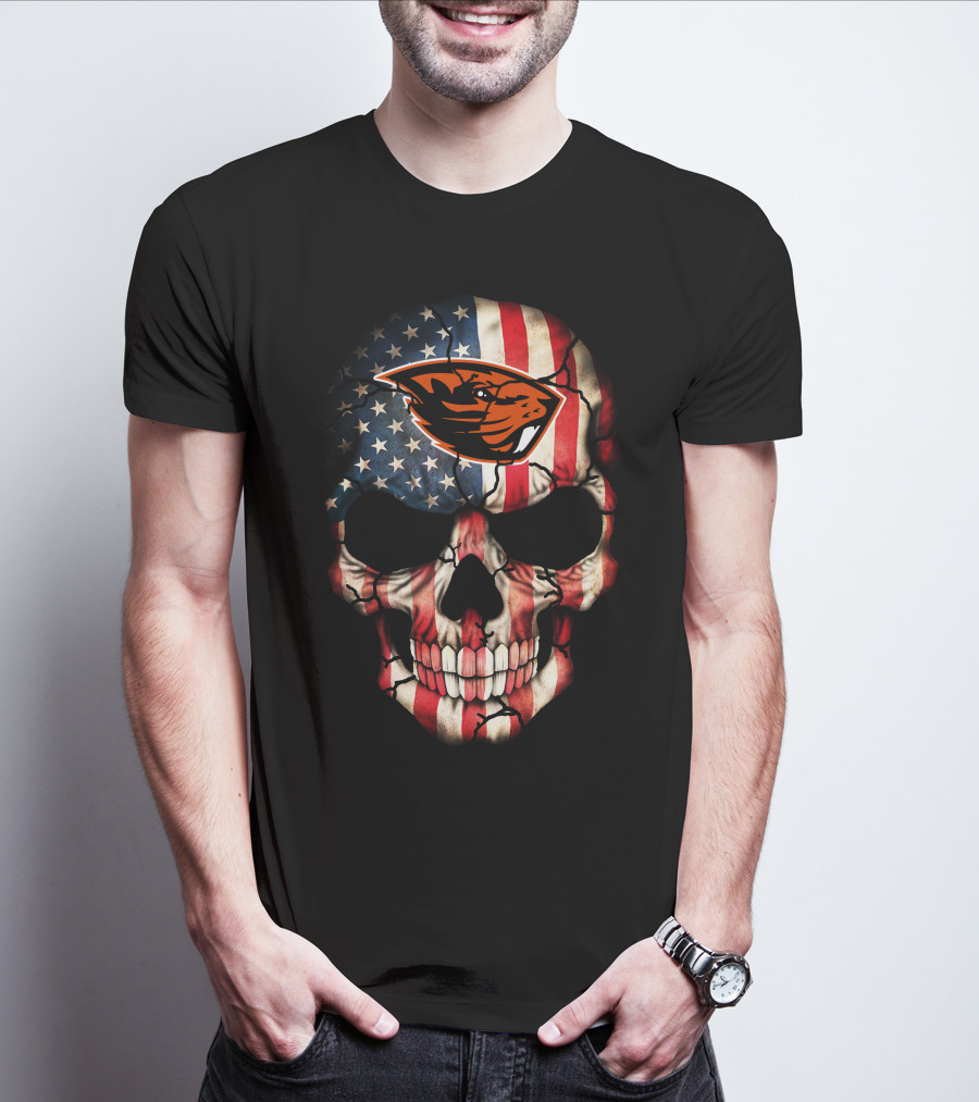 American Flag Skull 45 Oregon State Beavers Football T-Shirt