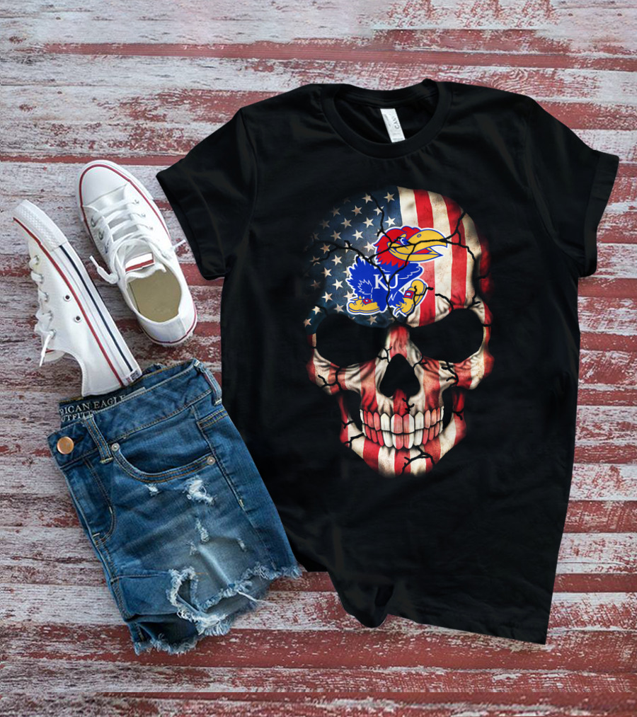 Patriotic Skull With Kansas Jayhawks Logo American Flag 80S Style T-Shirt