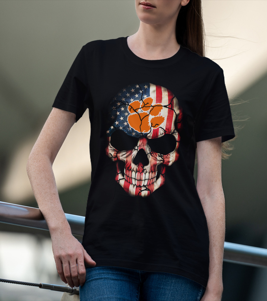 Clemson Tigers Skull American Flag Paw Print T-Shirt