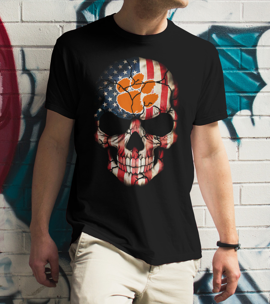Clemson Tigers Skull American Flag Paw Print T-Shirt