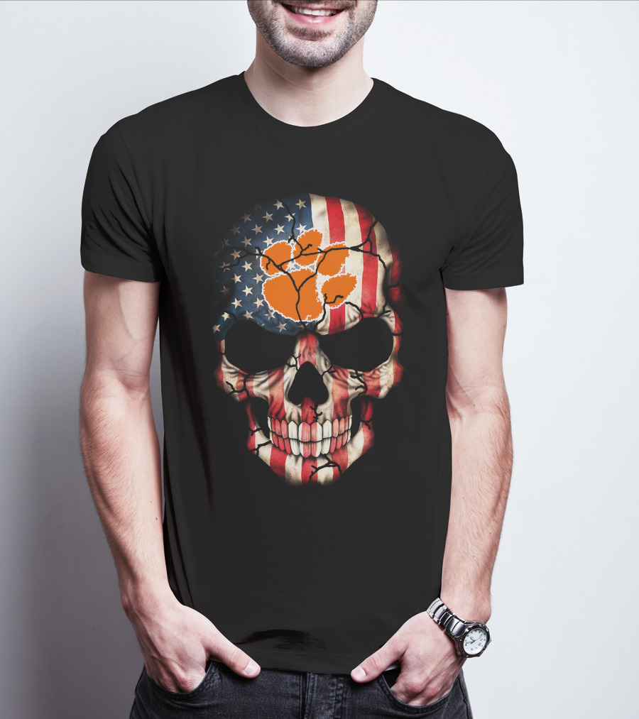 Clemson Tigers Skull American Flag Paw Print T-Shirt