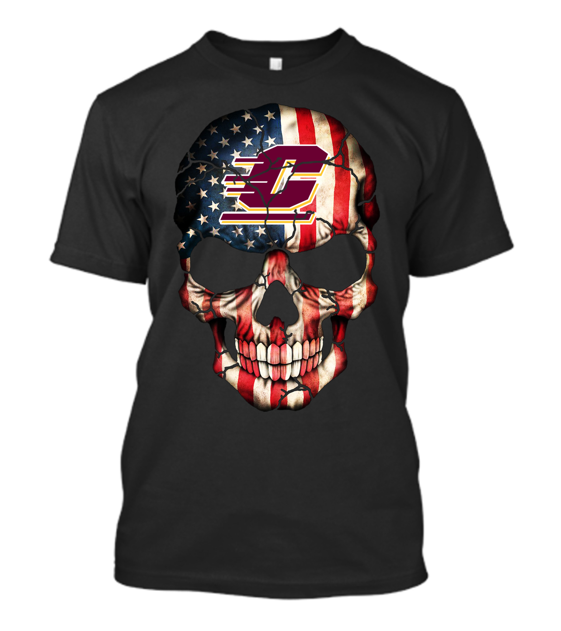 American Flag Skull With Central Michigan Chippewas T-Shirt