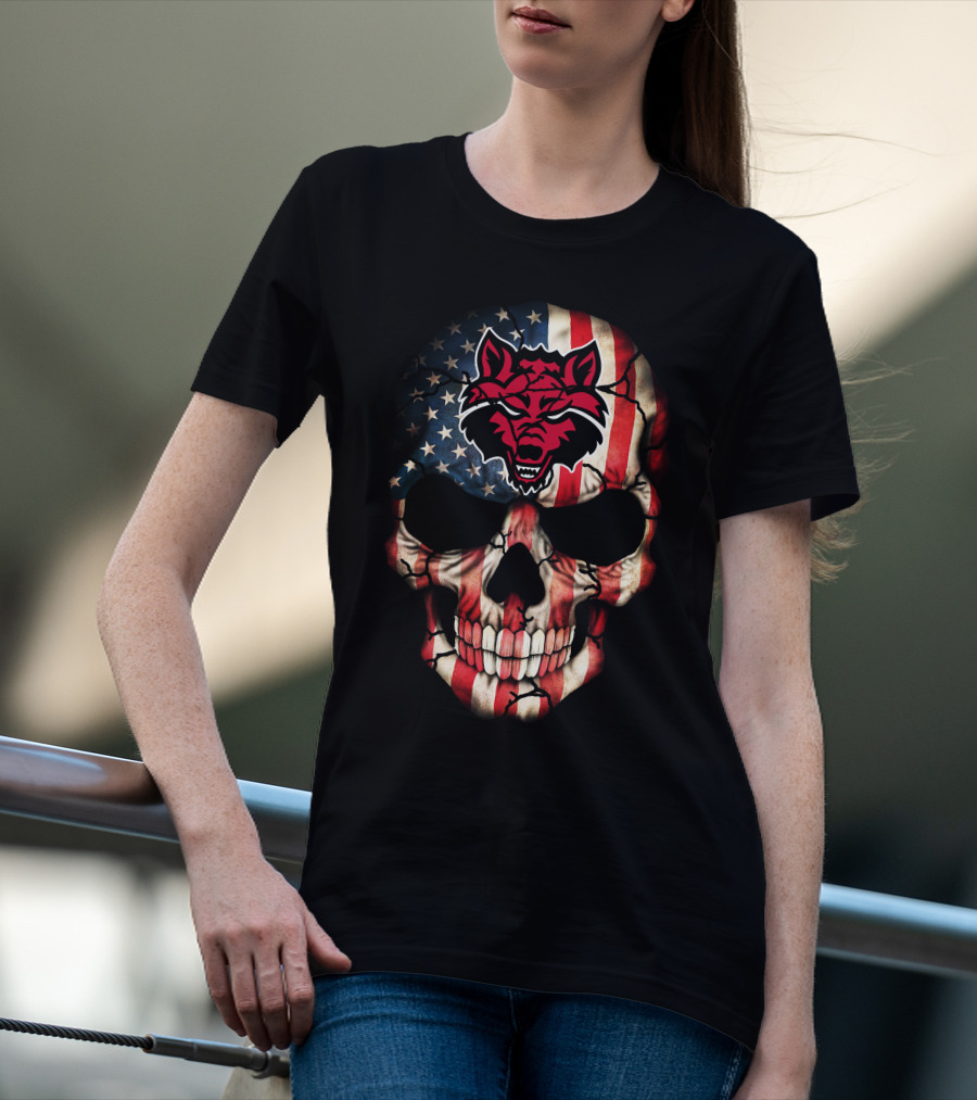 Arkansas State Red Wolves American Flag Skull T-Shirt