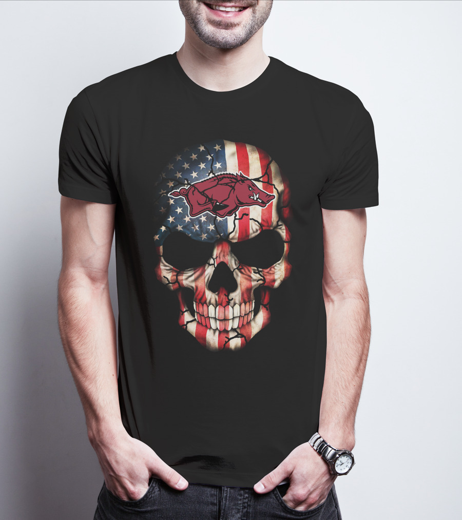 Arkansas Razorbacks Skull American Flag T-Shirt