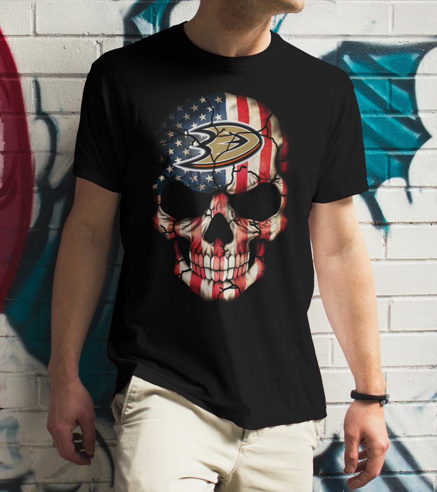 Anaheim Ducks Skull American Flag Usa Hockey T-Shirt