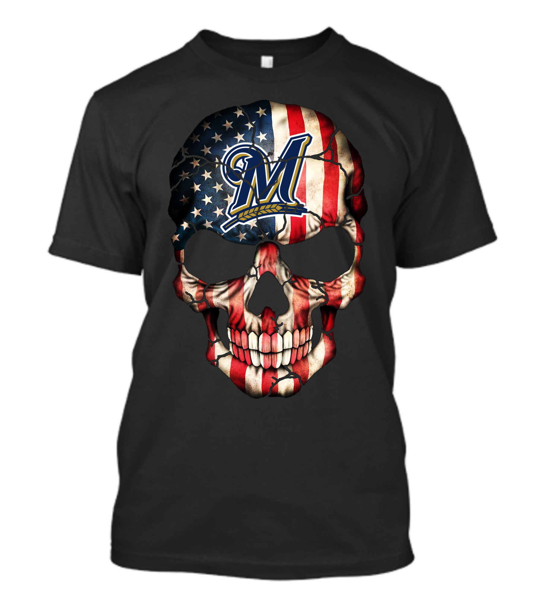 Milwaukee Brewers American Flag Skull With Baseball T-Shirt