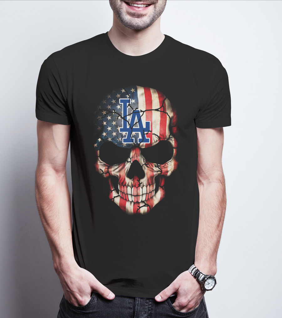 Los Angeles Dodgers Skull American Flag T-Shirt