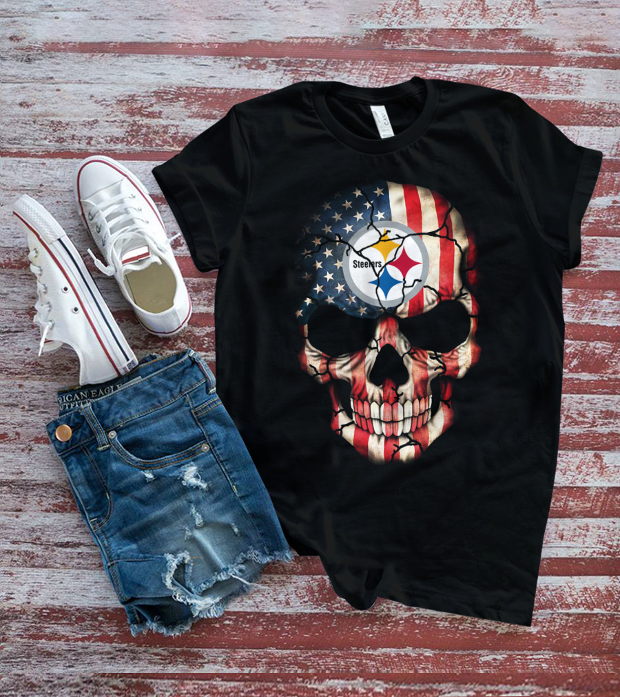 Pittsburgh Steelers American Flag Skull T-Shirt