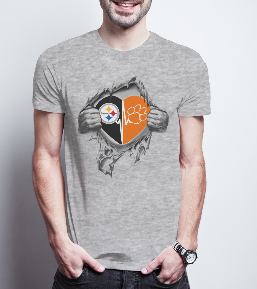 Steelers Clemson Tigers Heart Logo With Rip T-Shirt
