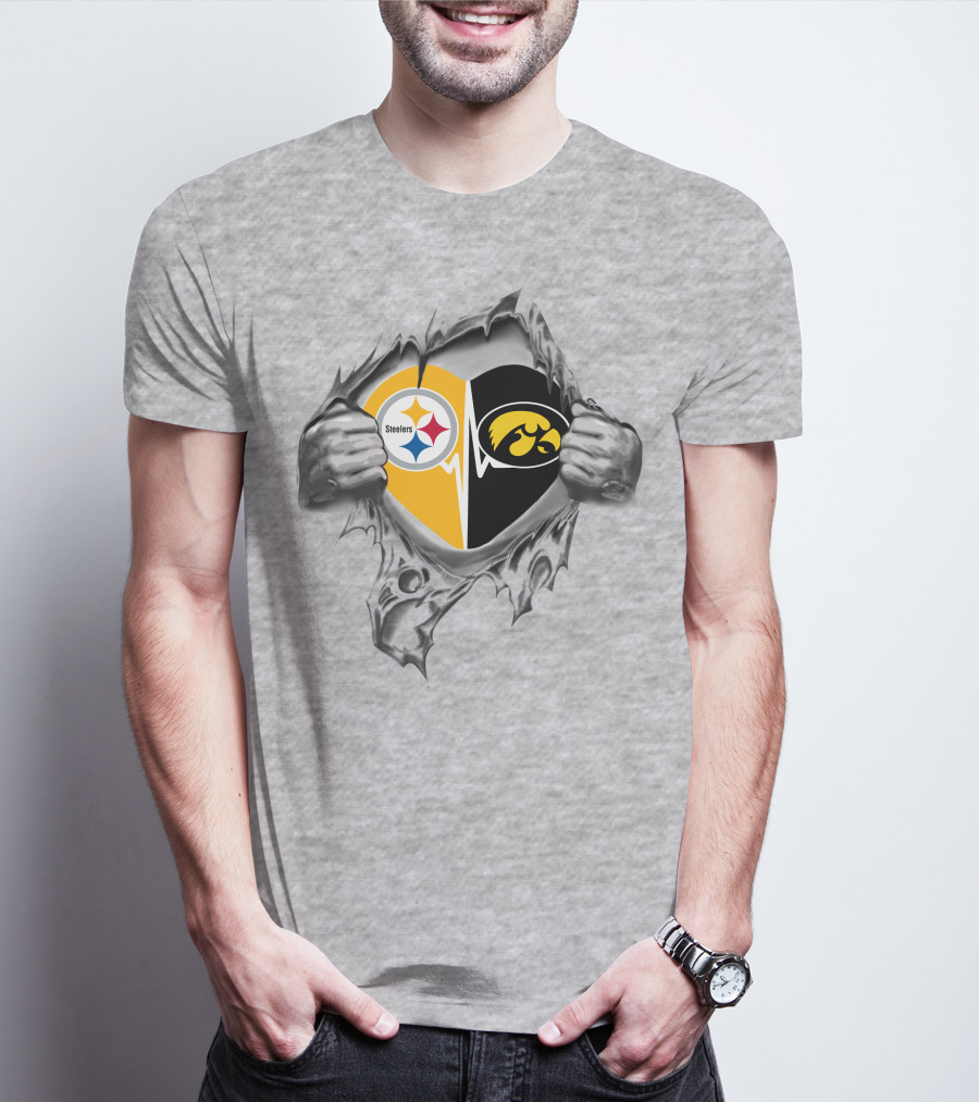 Steelers Iowa Hawkeyes Heart Design With Torn Fabric Effect T-Shirt