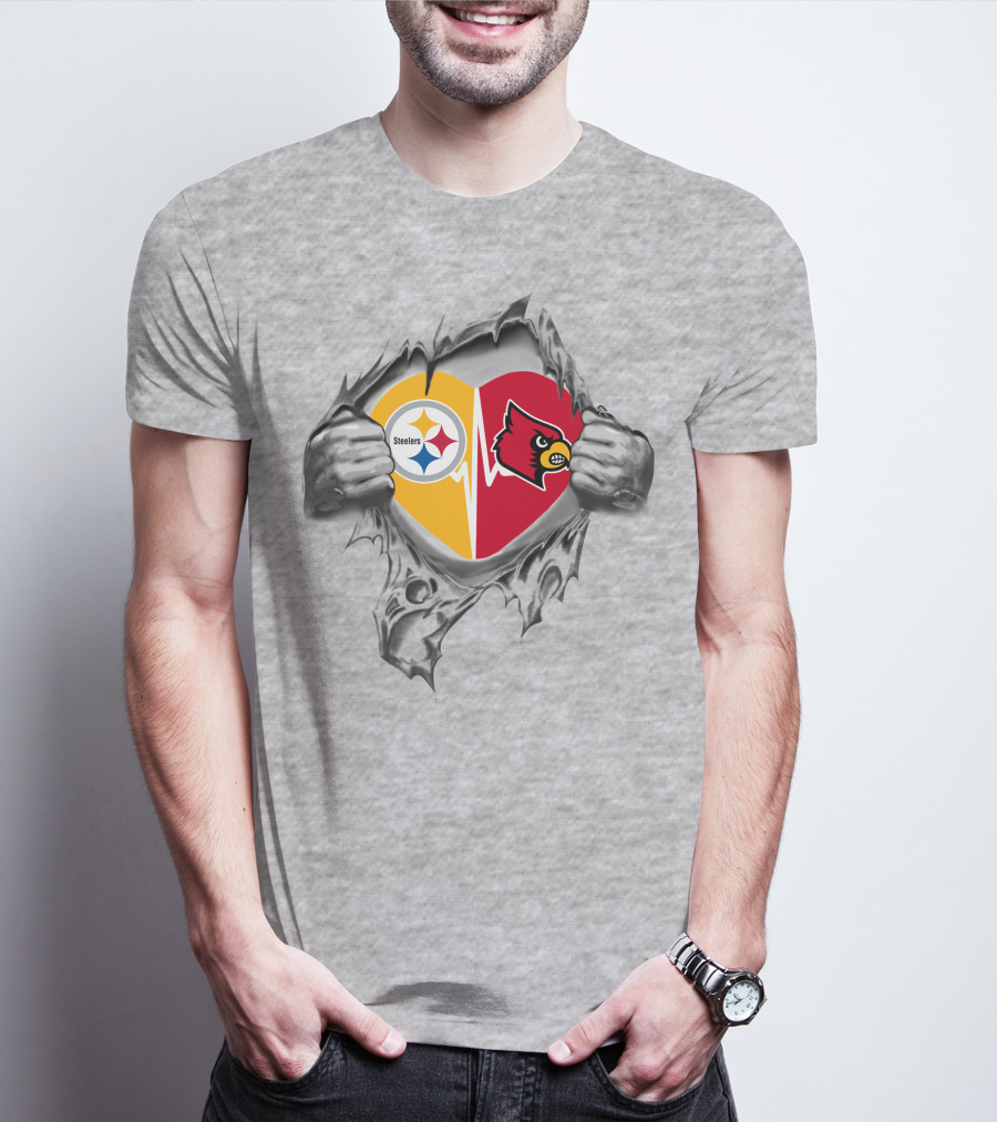 Steelers And Louisville Cardinals Heart With Torn Metal Effect T-Shirt