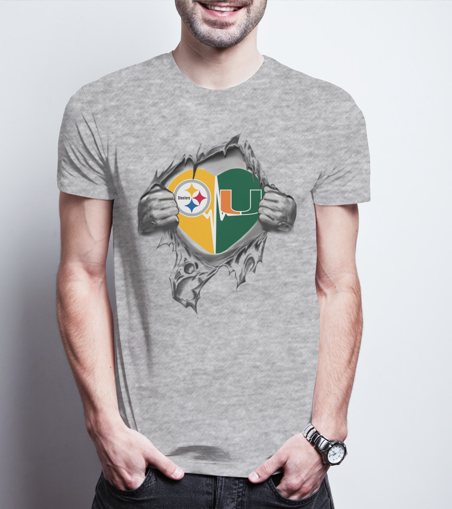 Steelers Miami Hurricanes Heart With Team Logos And Torn Metal Effect T-Shirt