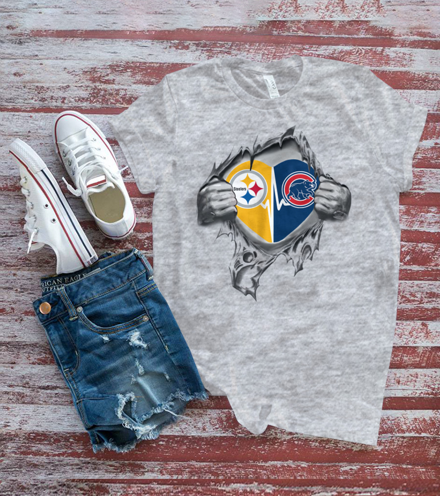 Steelers Chicago Cubs Heartbeat Split Logo Fan Passion T-Shirt