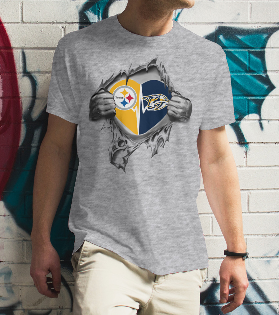 Steelers Nashville Predators Heart Logo Busting Through T-Shirt