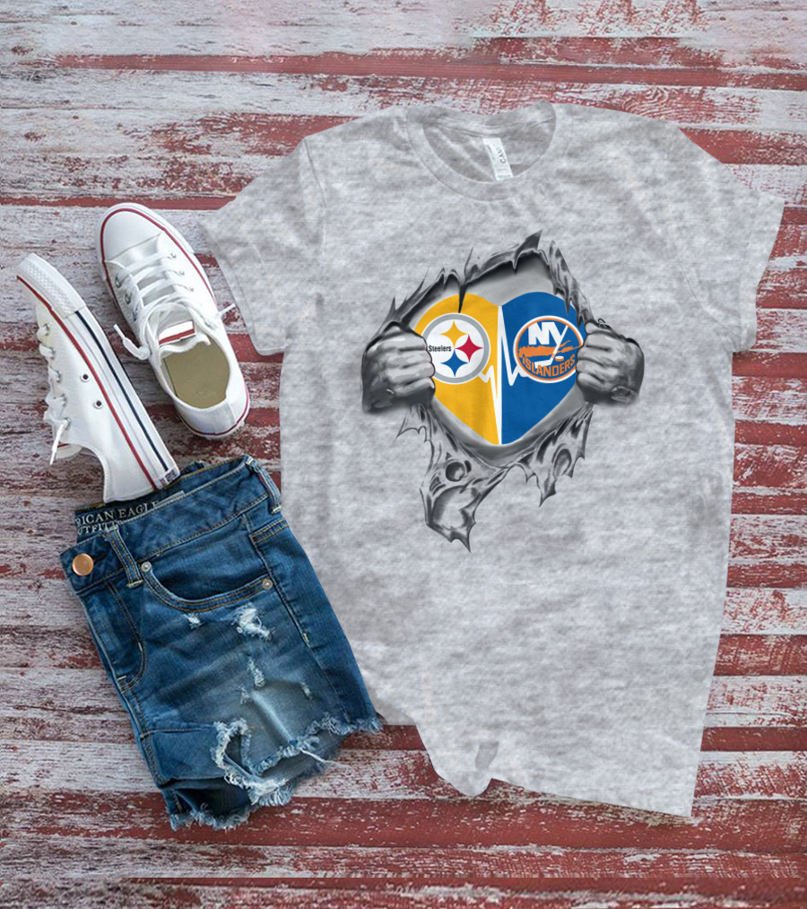 Steelers New York Islanders Heart Design With Logos And Hands T-Shirt