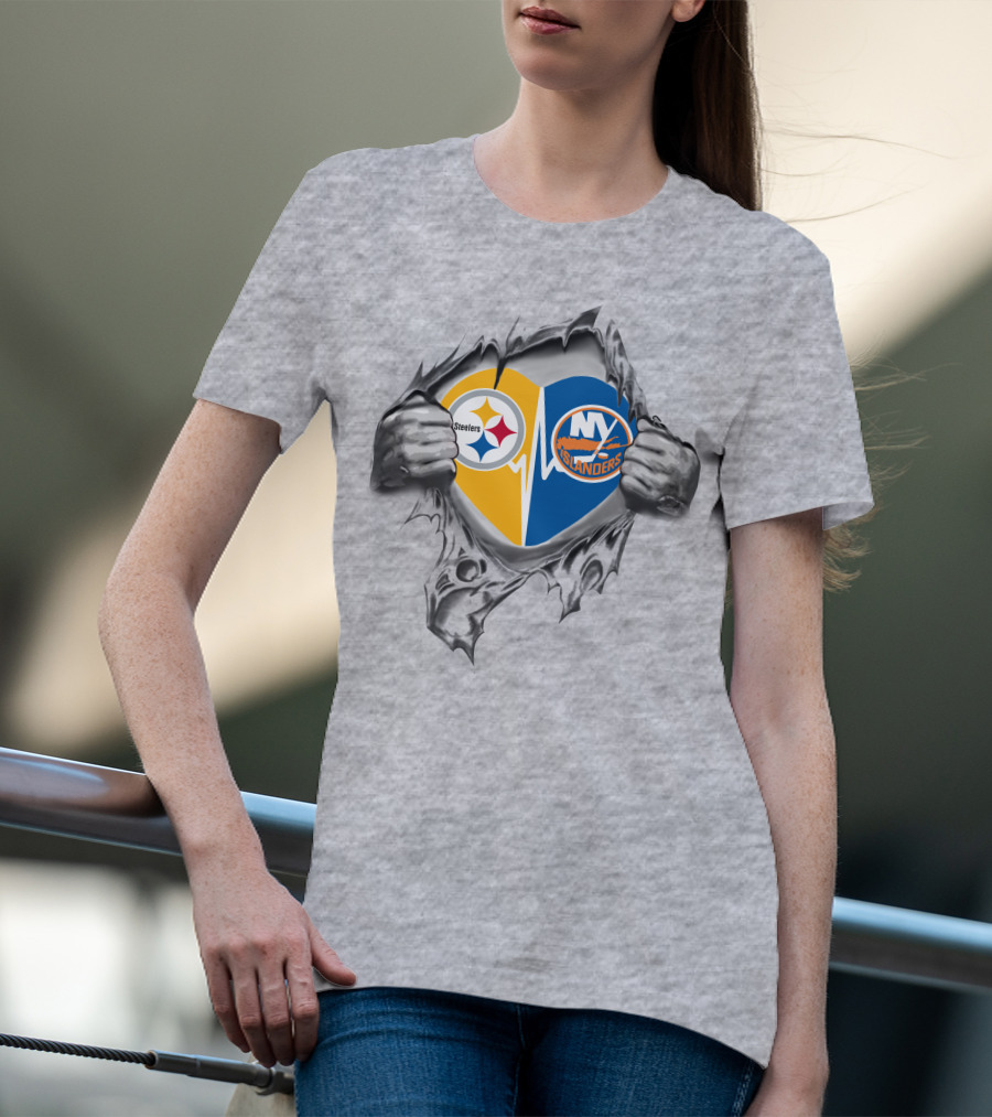Steelers New York Islanders Heart Design With Logos And Hands T-Shirt