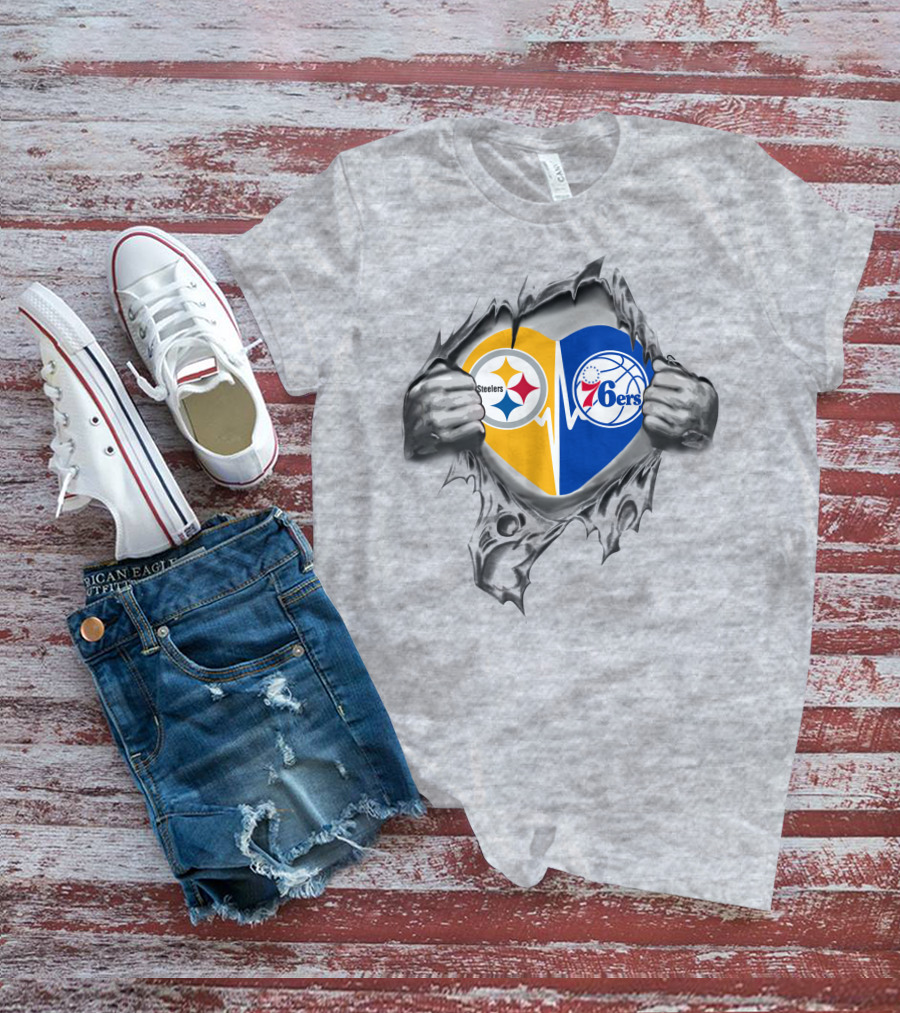 Steelers Philadelphia 76ers Heart Logo Torn T-Shirt