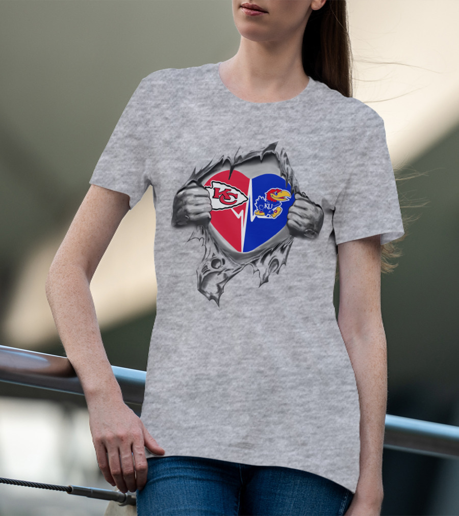 Chiefs And Kansas Jayhawks Heart Emblem Featuring Iconic Logos T-Shirt