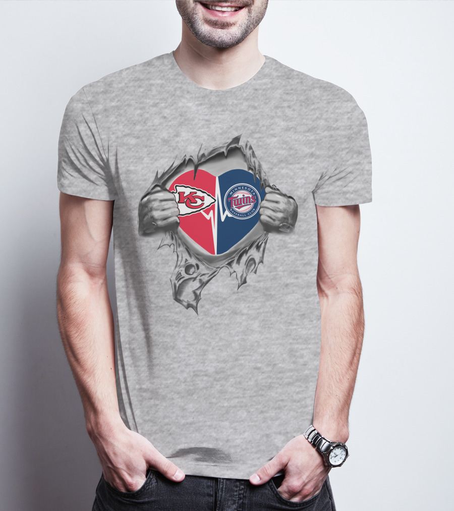 Chiefs Minnesota Twins Heart Pulled Open Helmet Logos T-Shirt