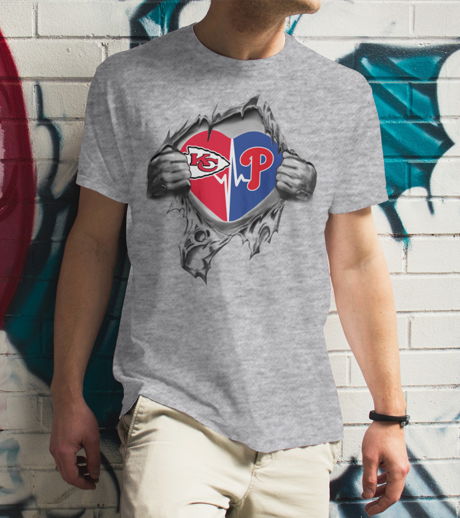 Chiefs And Philadelphia Phillies Heartbeat Logo Fusion T-Shirt