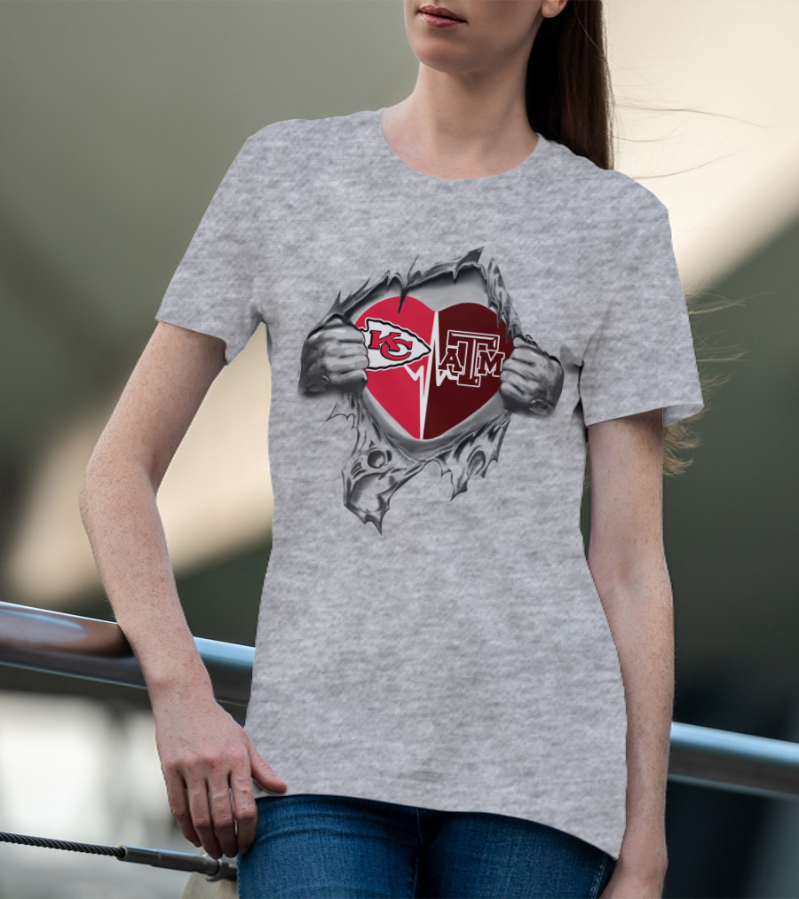 Chiefs Texas A&M Aggies Heart Logos Inside Torn T-Shirt