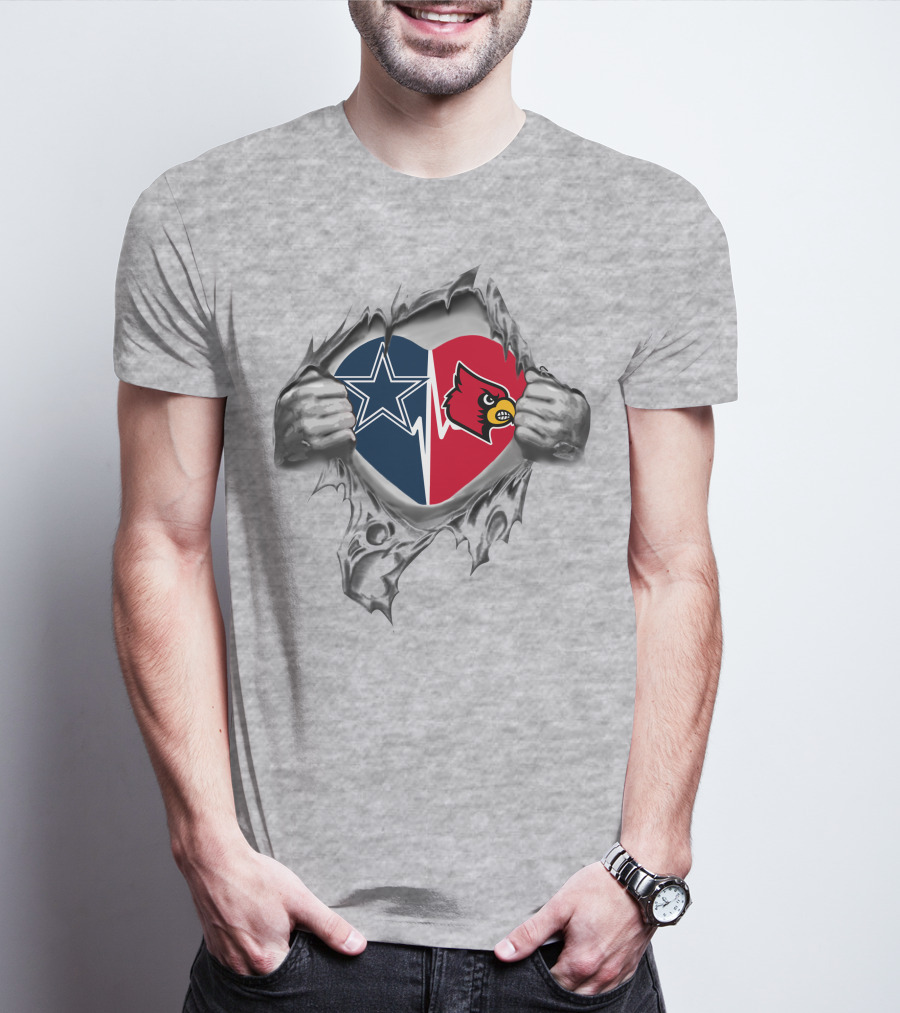 Cowboys And Louisville Cardinals Heart Design With Star And Cardinal Logos T-Shirt