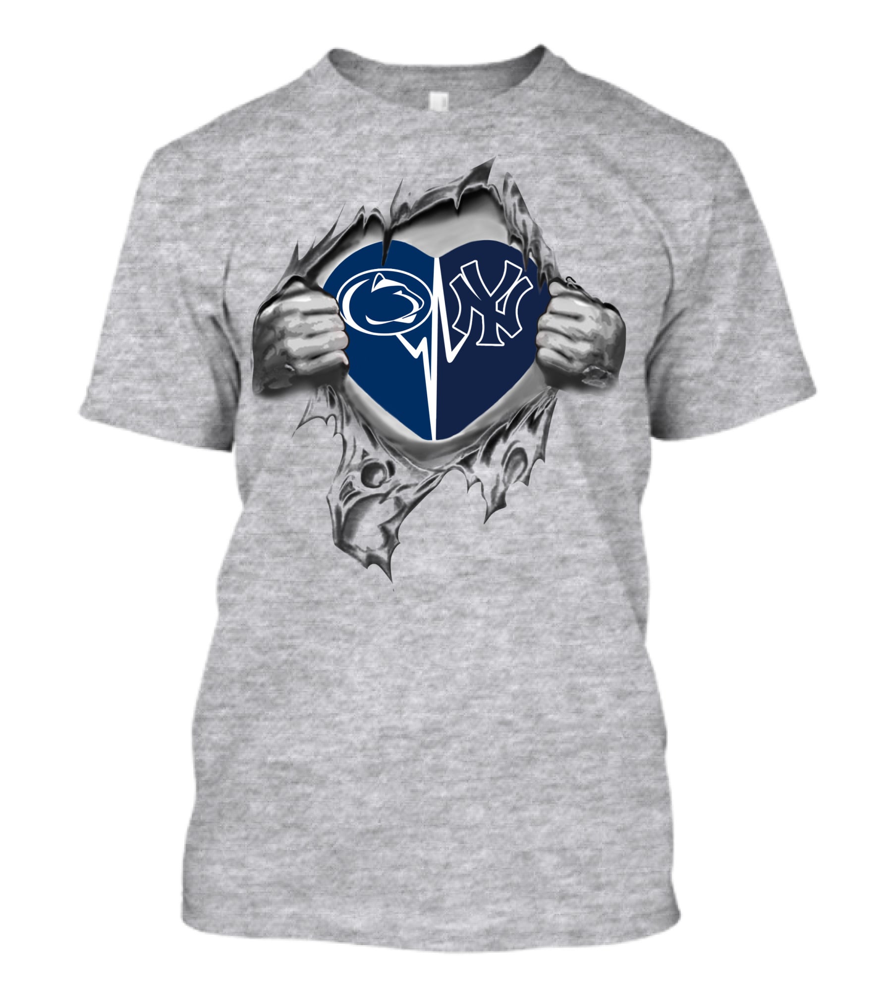 Yankees Penn State Heart With Logos Inside Tearing Hands T-Shirt