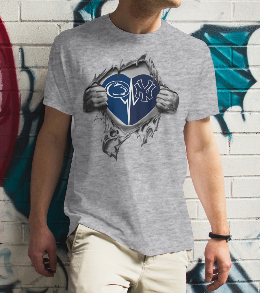 Yankees Penn State Heart With Logos Inside Tearing Hands T-Shirt