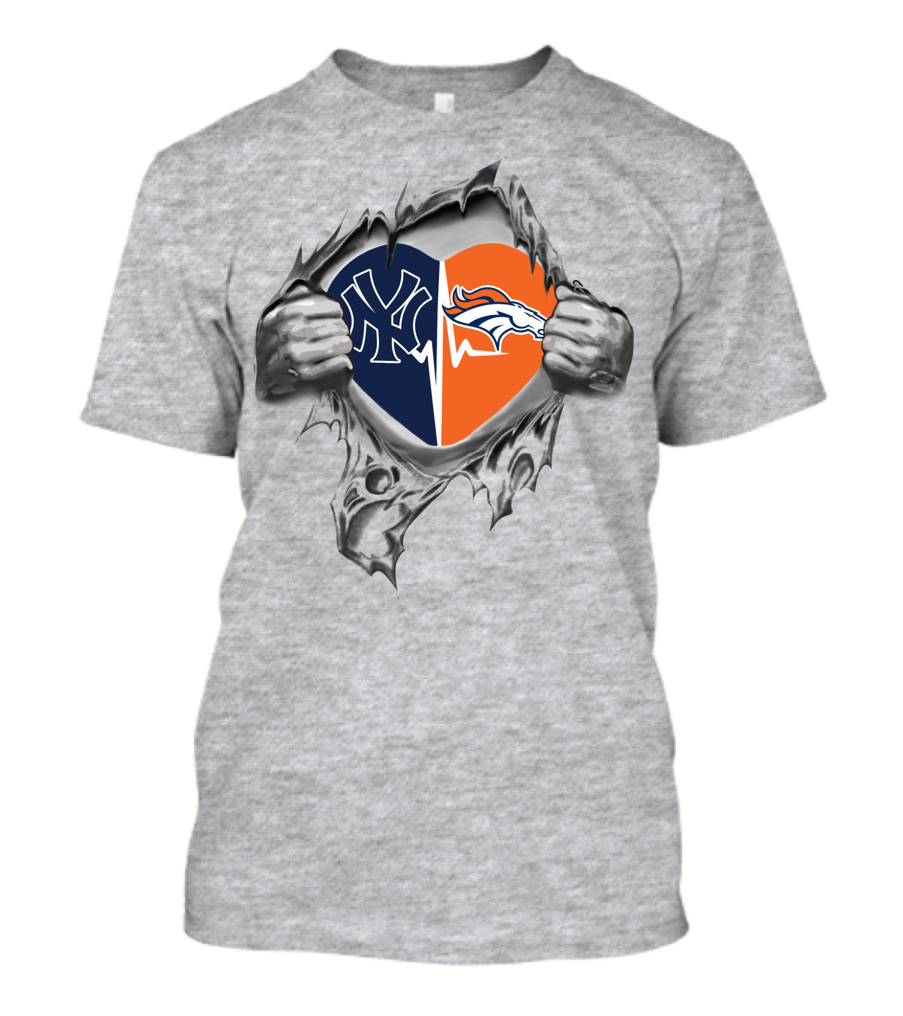 Yankees Denver Broncos Heart Logo With Ripped Effect T-Shirt