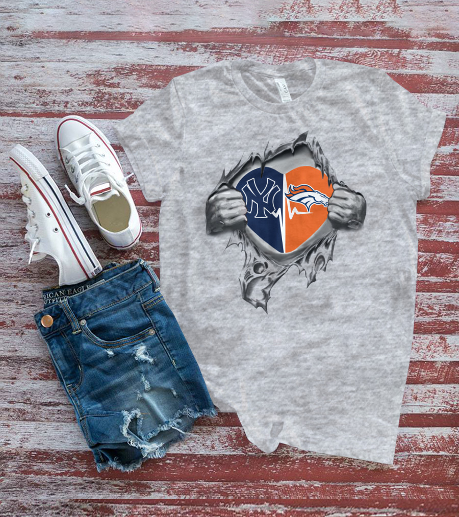 Yankees Denver Broncos Heart Logo With Ripped Effect T-Shirt