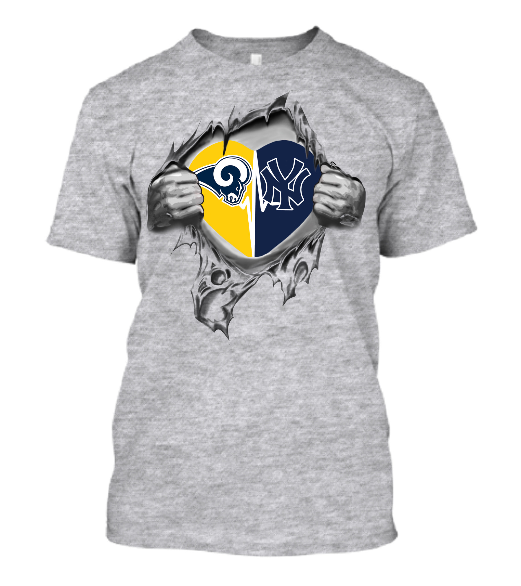Yankees Los Angeles Rams Heart Symbol In Torn T-Shirt