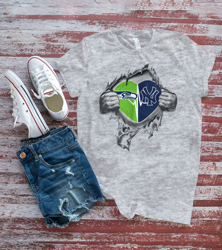 Yankees Seattle Seahawks Heart Passion Dual Allegiance T-Shirt