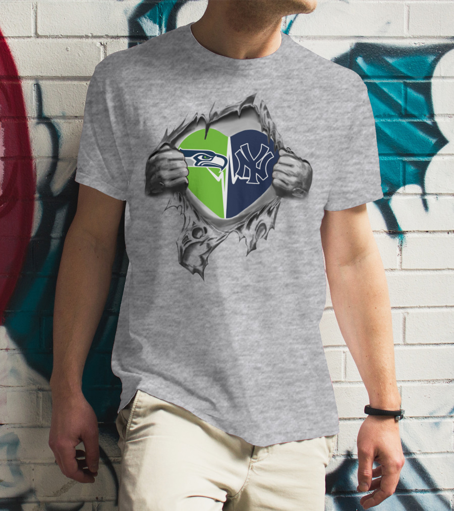 Yankees Seattle Seahawks Heart Passion Dual Allegiance T-Shirt