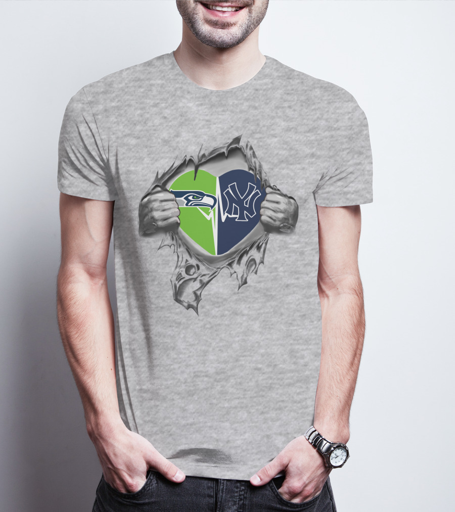 Yankees Seattle Seahawks Heart Passion Dual Allegiance T-Shirt