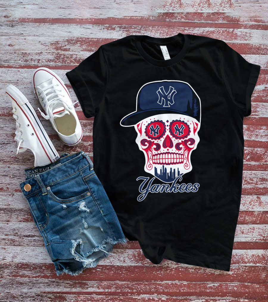 New York Yankees Skull Cap Design With Bold Logo And Cityscape Motif T-Shirt