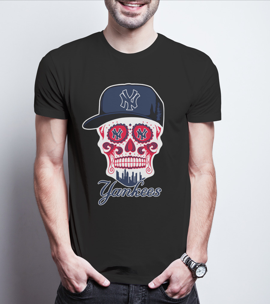 New York Yankees Skull Cap Design With Bold Logo And Cityscape Motif T-Shirt