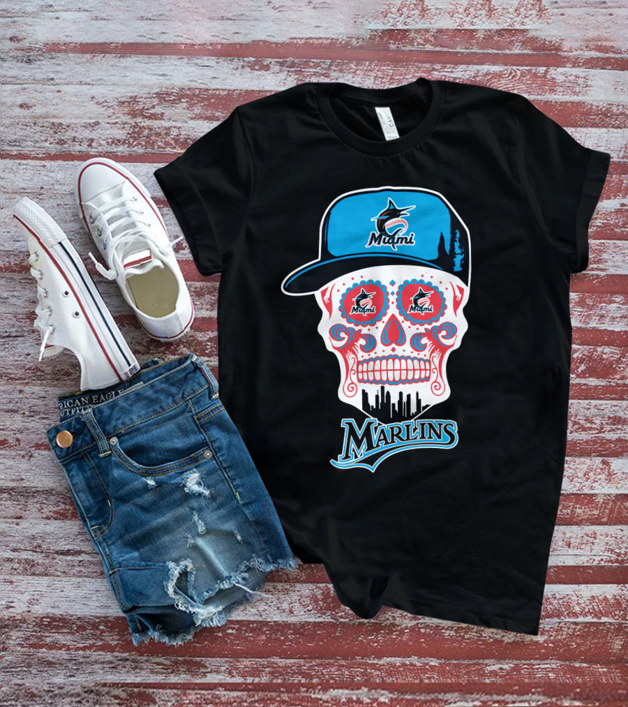 Miami Marlins Skull With Cap And Cityscape Motif T-Shirt