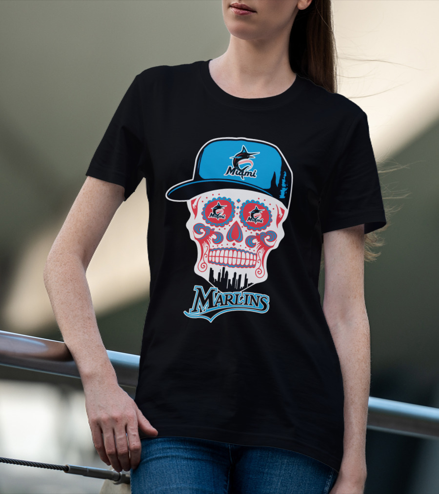 Miami Marlins Skull With Cap And Cityscape Motif T-Shirt