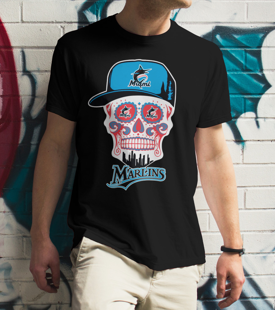 Miami Marlins Skull With Cap And Cityscape Motif T-Shirt