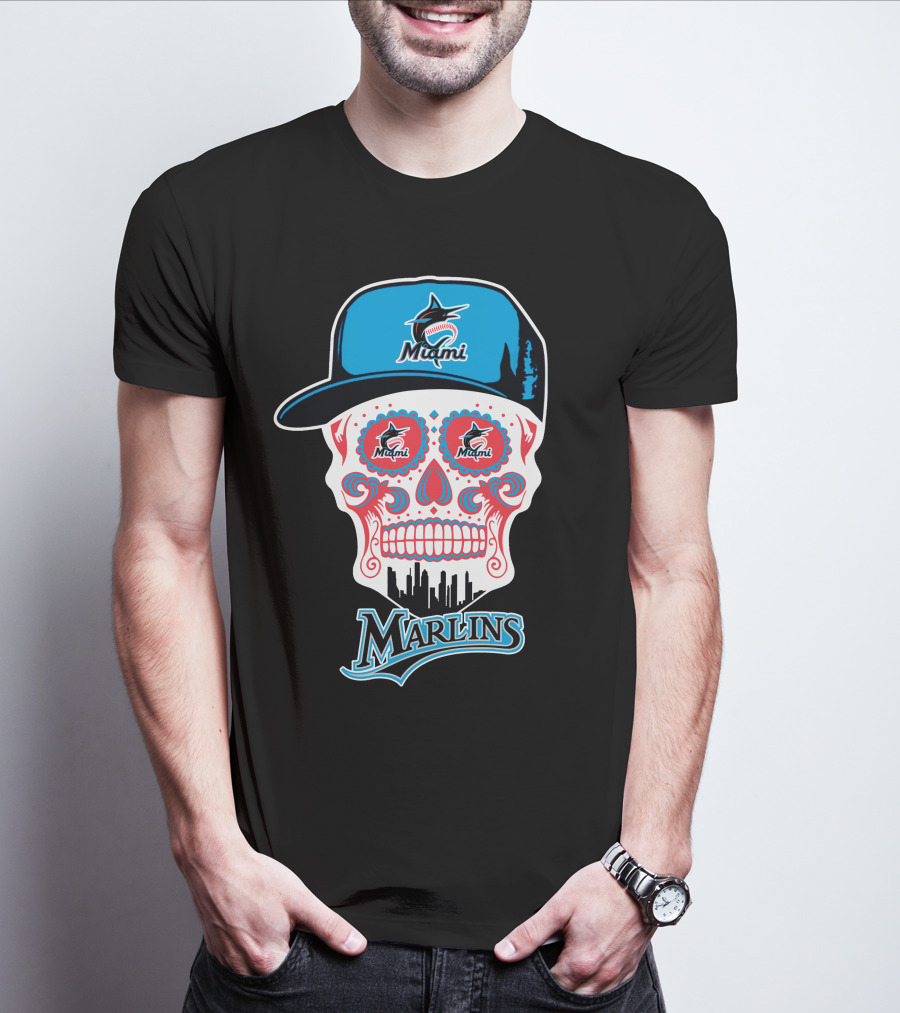 Miami Marlins Skull With Cap And Cityscape Motif T-Shirt