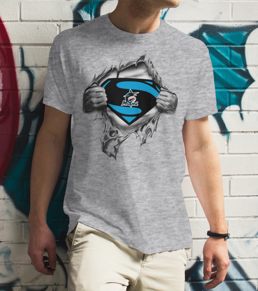 Miami Marlins Superman Emblem With Torn Fabric T-Shirt