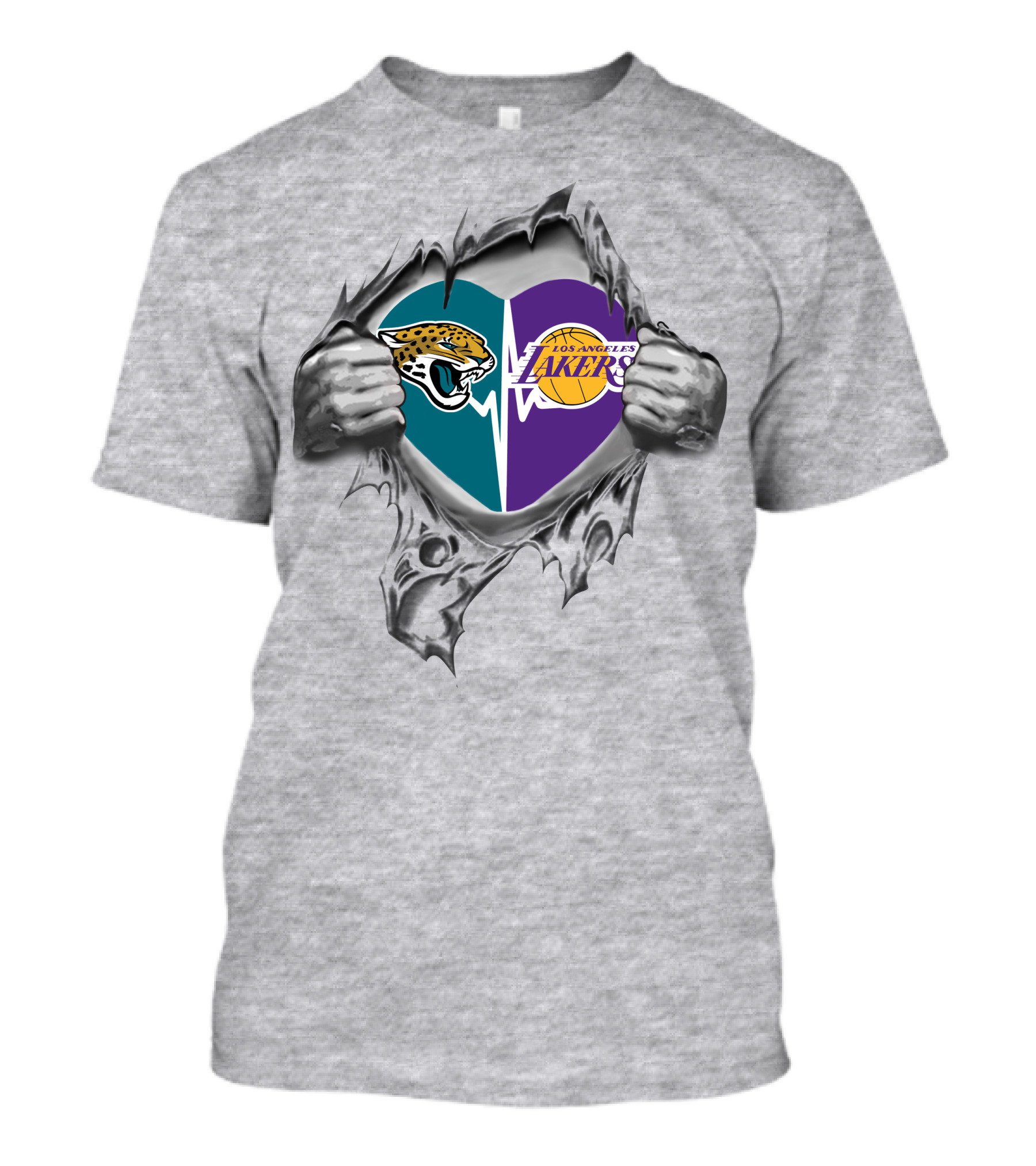 Lakers Jacksonville Jaguars Heart Logos With Hands And Torn Fabric T-Shirt