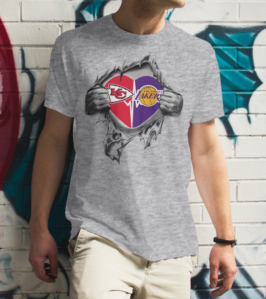 Kansas City Chiefs Los Angeles Lakers Heart Logo With Hands Ripping Through T-Shirt
