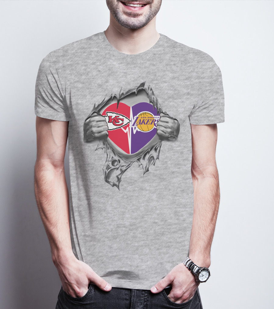 Kansas City Chiefs Los Angeles Lakers Heart Logo With Hands Ripping Through T-Shirt