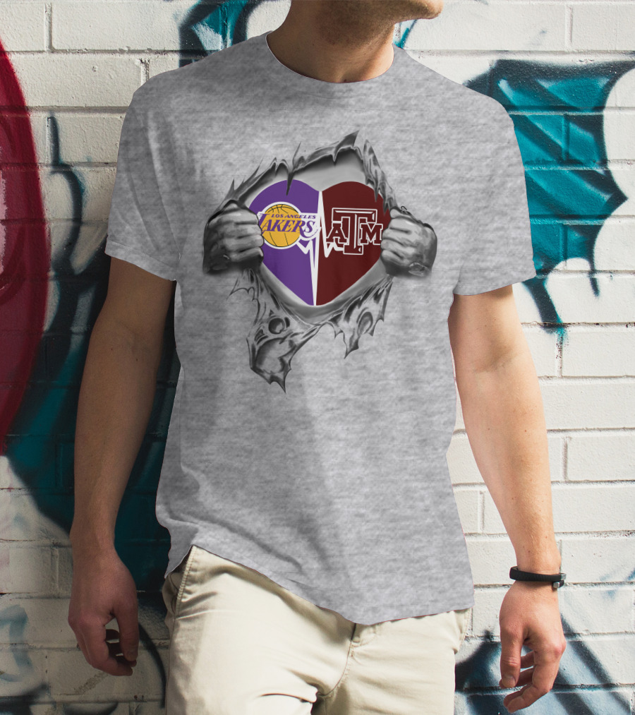 Los Angeles Lakers And Texas A&M Aggies Heart Inside Ripped Silver Hands T-Shirt