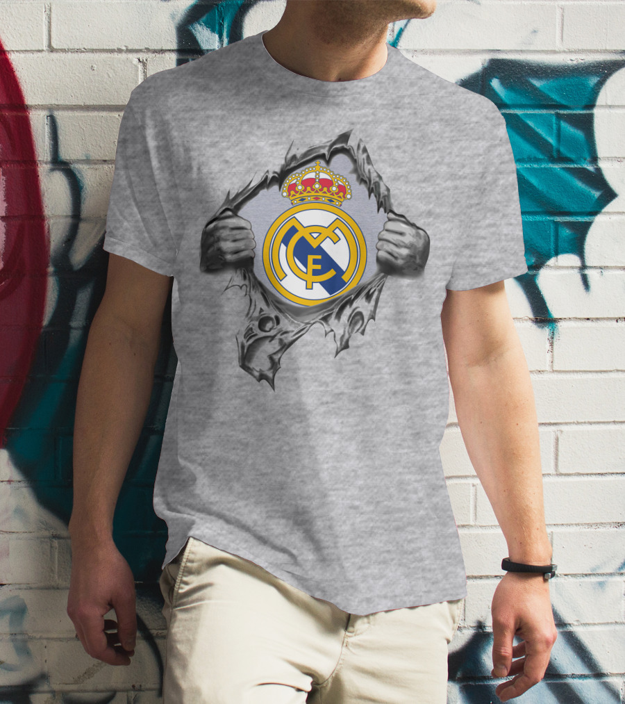 Real Madrid Super Fan Logo Symbol With Hands Ripping Through T-Shirt